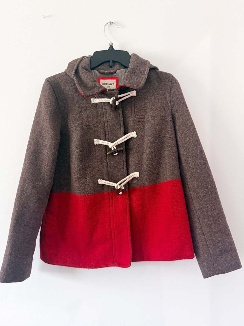 Old Navy Womens Wool Coat Hooded small Brown Red Colorblock Zip Front Jacket